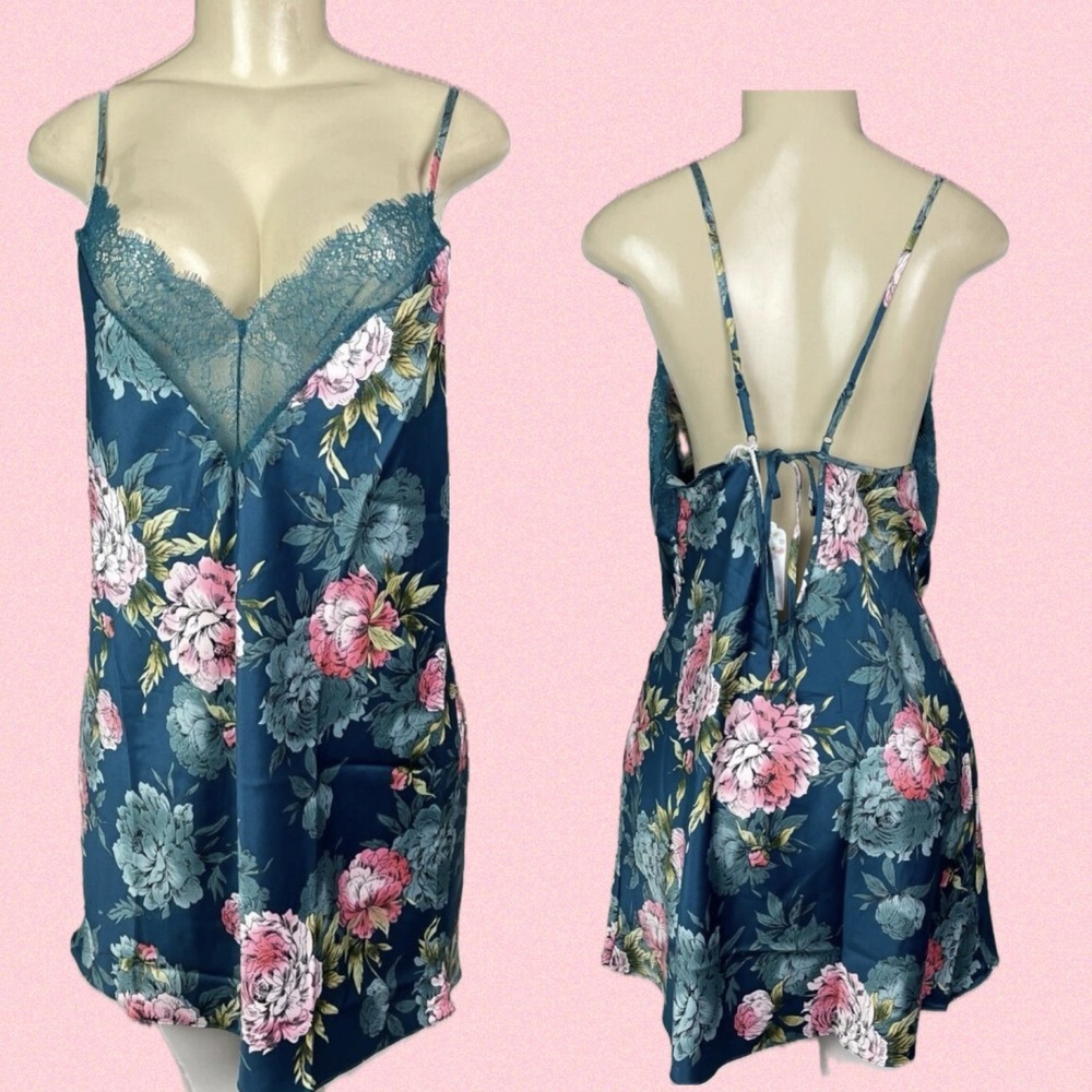 inBloom by Jonquil Teal Floral Satin Lace Trim Cami Slip Nightie Chemise XL